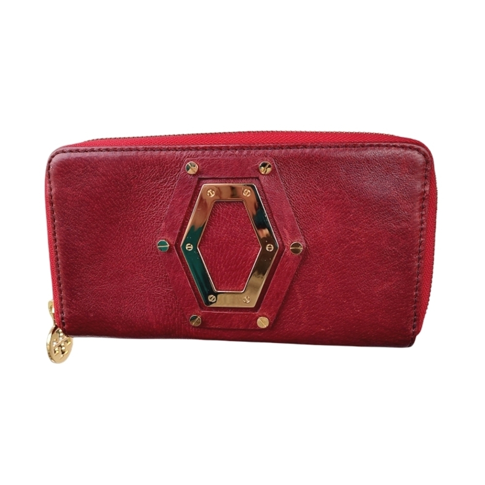 Tory Burch Burgundy Leather Wallet with Gold Hexagonal Embellishment